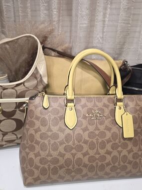 Coach Signature Canvas Satchel in Brown with Yellow Trim 4 PC BUNDLE